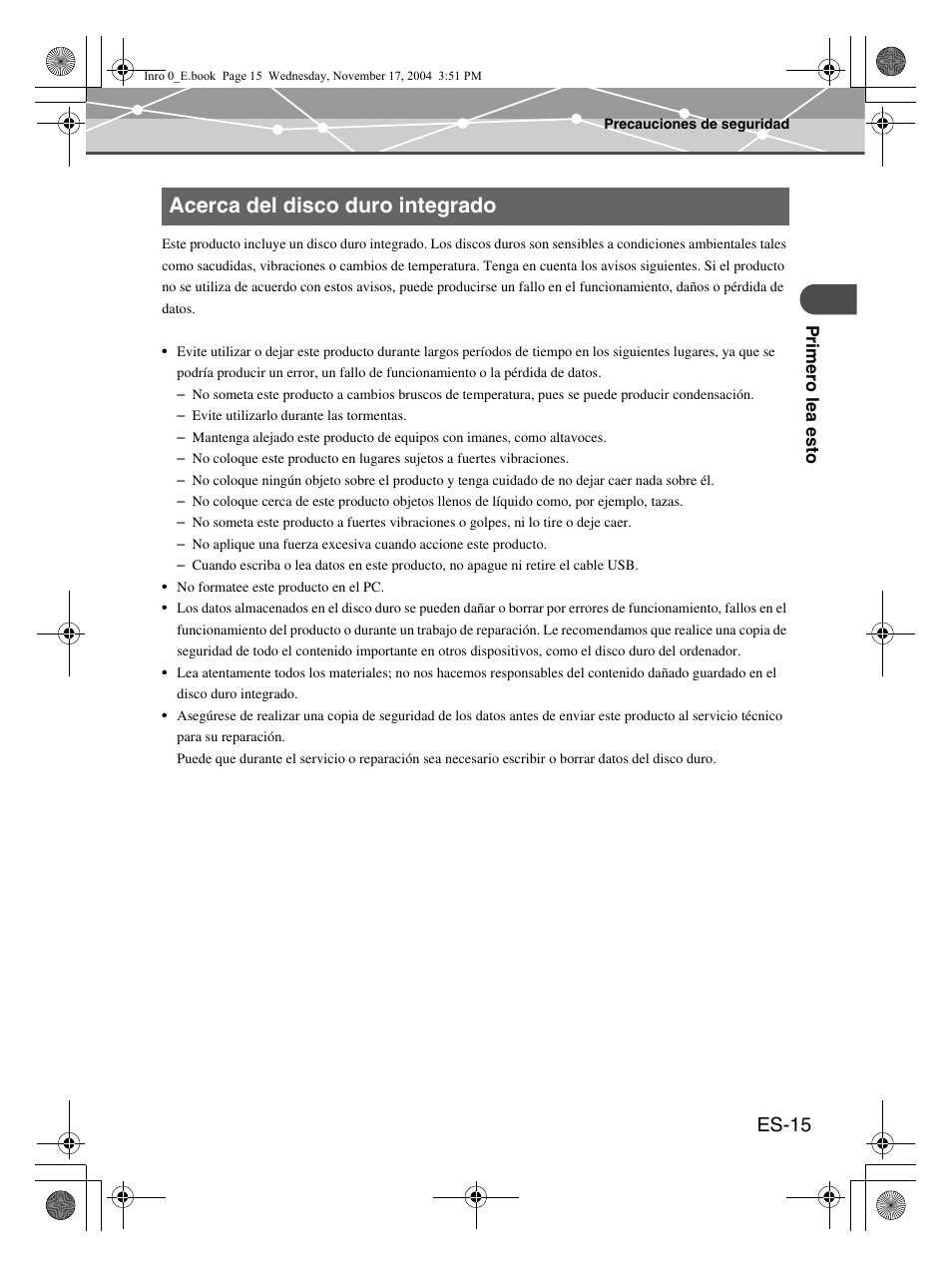 Acerca del disco duro integrado, Es-15 | Olympus mrobe 100 User Manual | Page 131 / 180