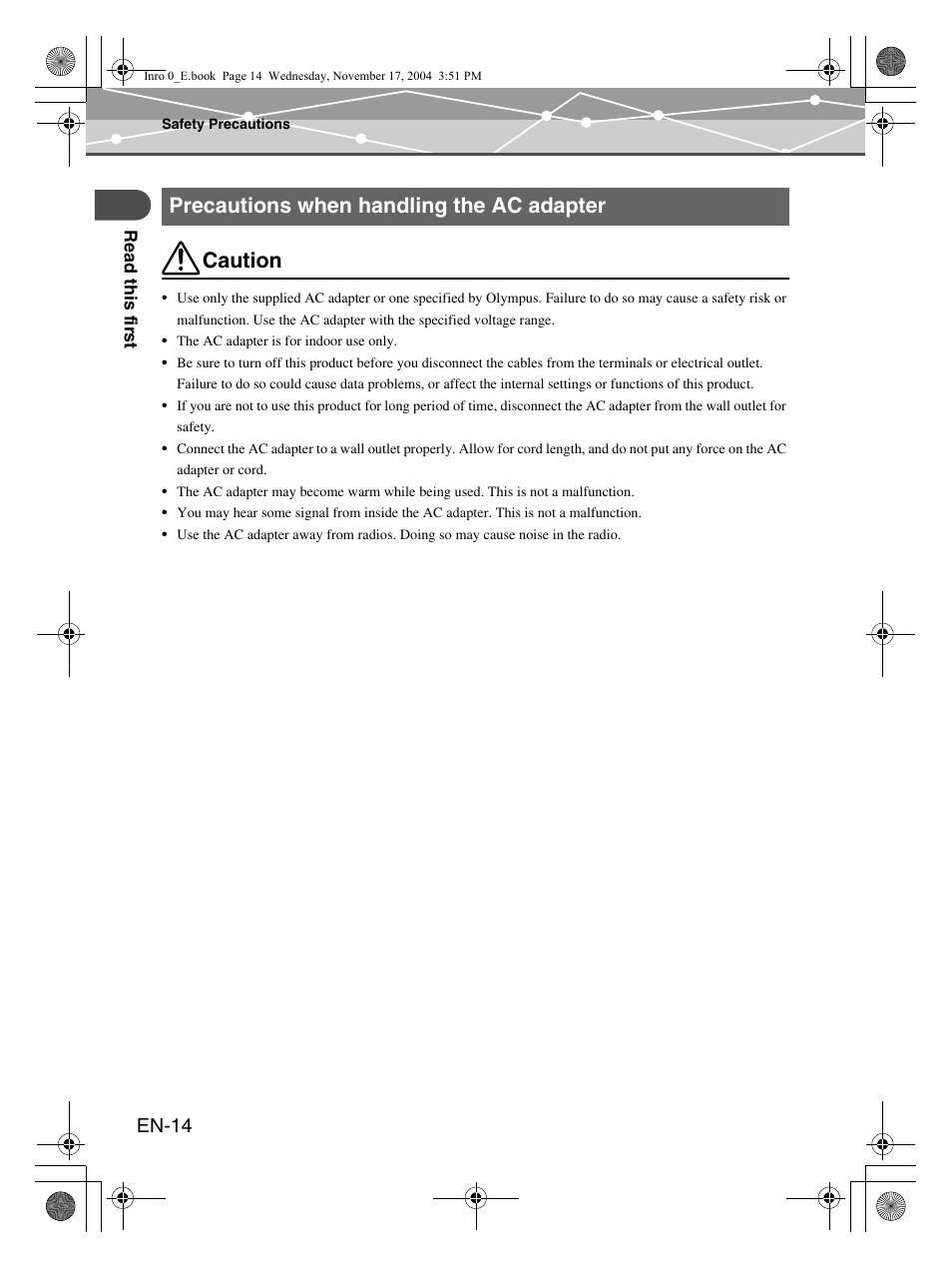 Caution, Precautions when handling the ac adapter, En-14 | Olympus mrobe 100 User Manual | Page 14 / 180