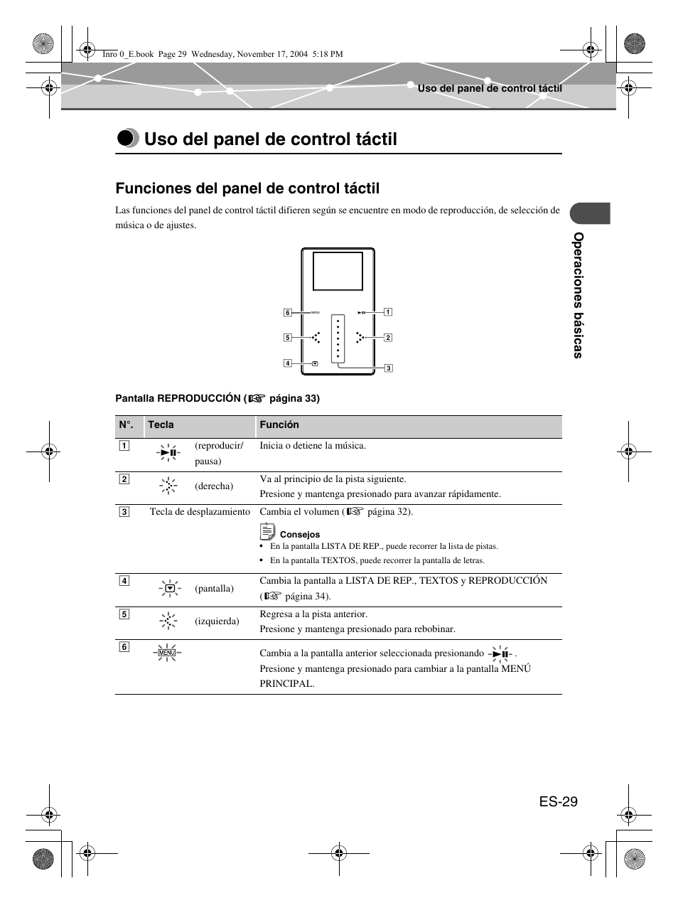 Uso del panel de control táctil, Funciones del panel de control táctil, Es-29 | Olympus mrobe 100 User Manual | Page 145 / 180