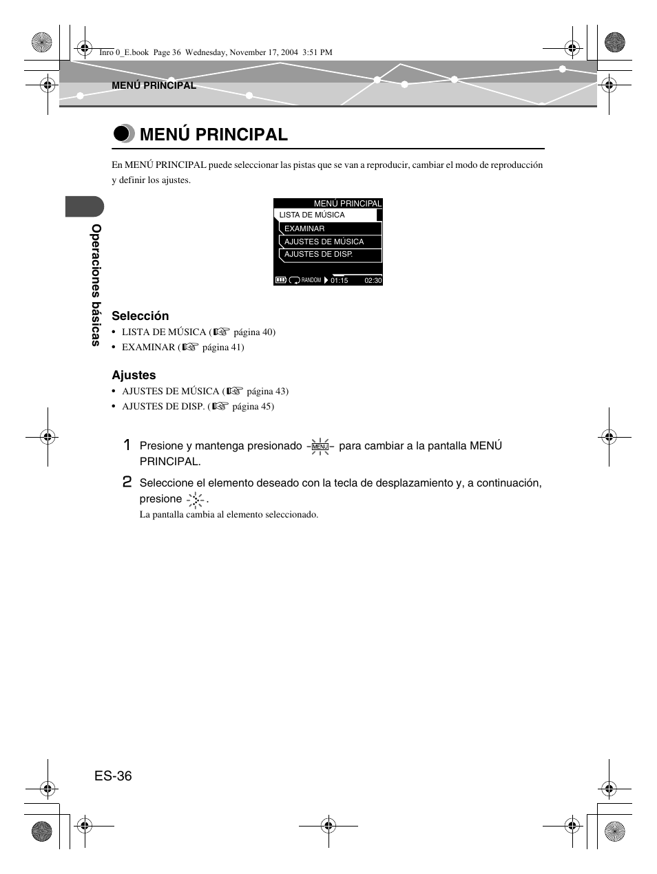 Menú principal, Es-36 | Olympus mrobe 100 User Manual | Page 152 / 180