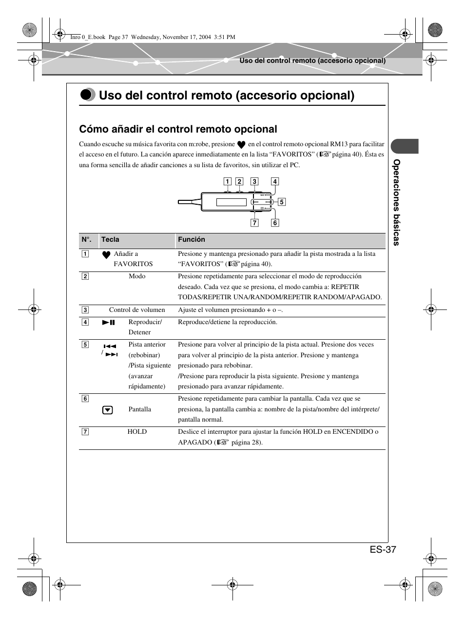 Uso del control remoto (accesorio opcional), Cómo añadir el control remoto opcional, Es-37 | Olympus mrobe 100 User Manual | Page 153 / 180
