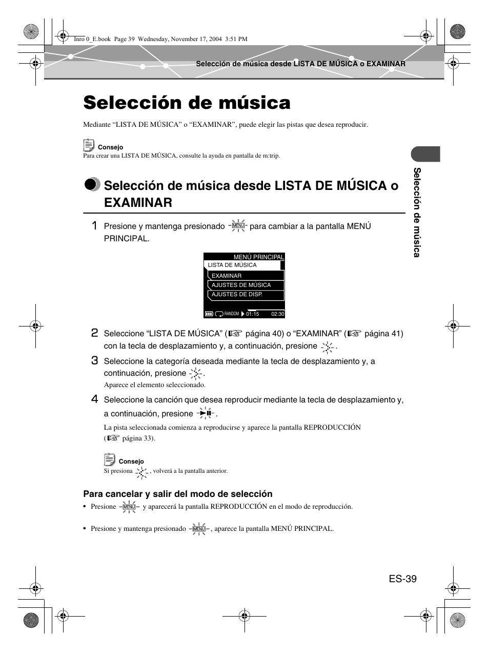 Selección de música, Es-39 | Olympus mrobe 100 User Manual | Page 155 / 180