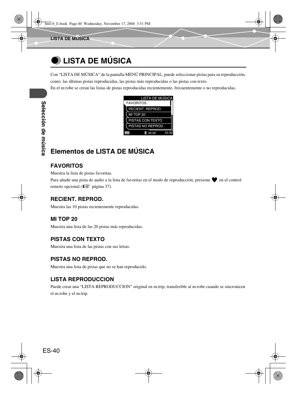 Lista de música, Elementos de lista de música, Es-40 | Olympus mrobe 100 User Manual | Page 156 / 180