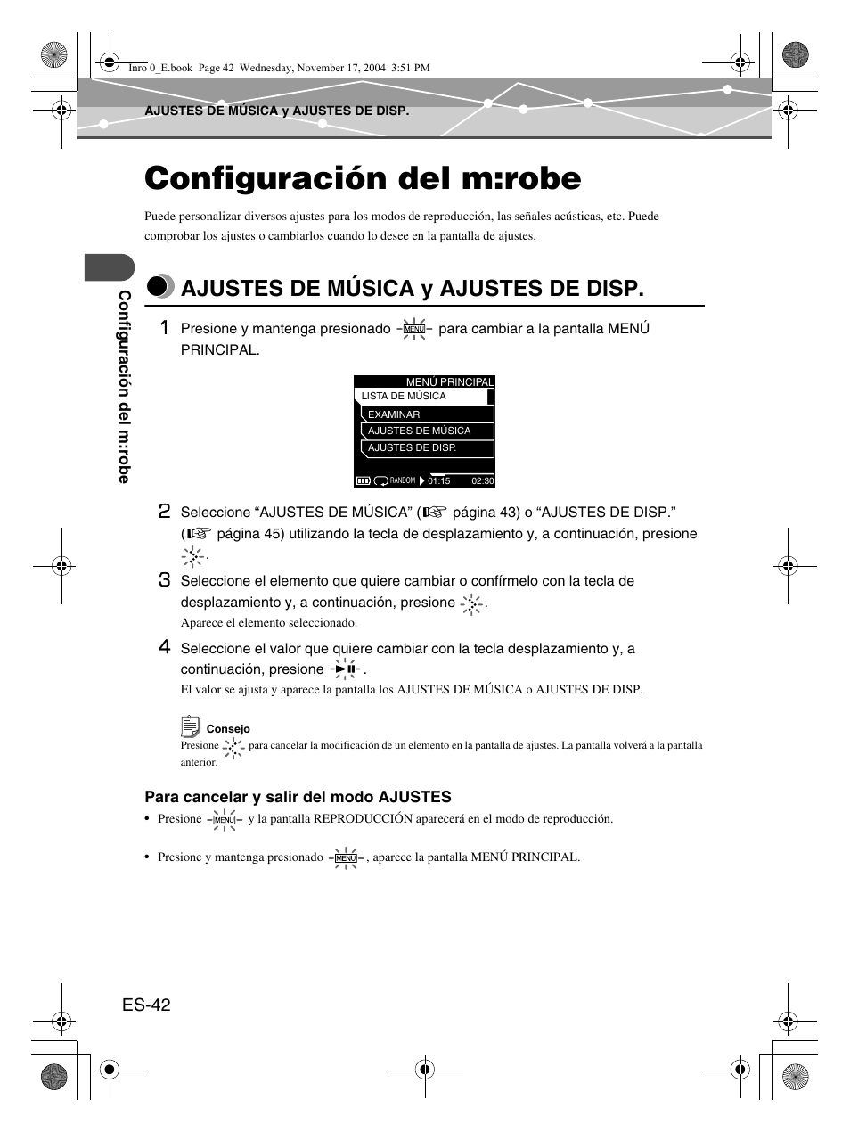 Configuración del m:robe, Ajustes de música y ajustes de disp, Es-42 | Olympus mrobe 100 User Manual | Page 158 / 180