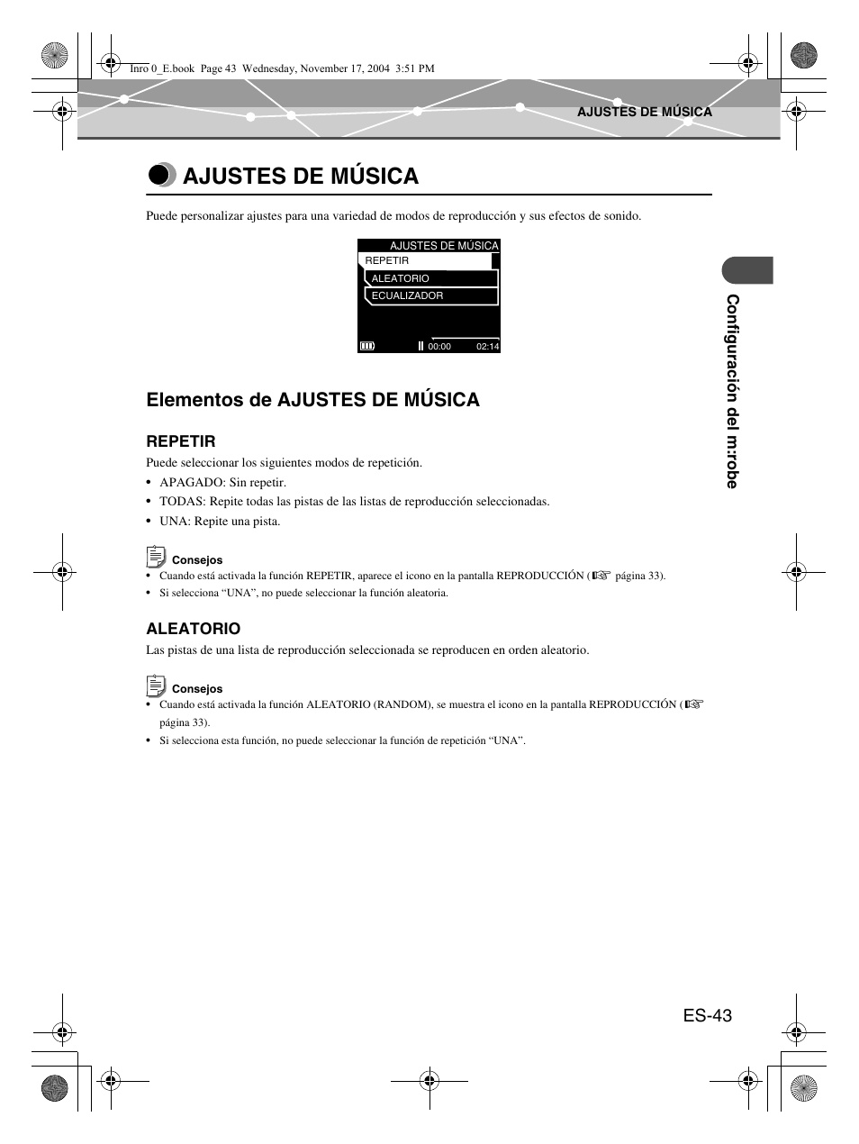 Ajustes de música, Elementos de ajustes de música, Es-43 | Olympus mrobe 100 User Manual | Page 159 / 180
