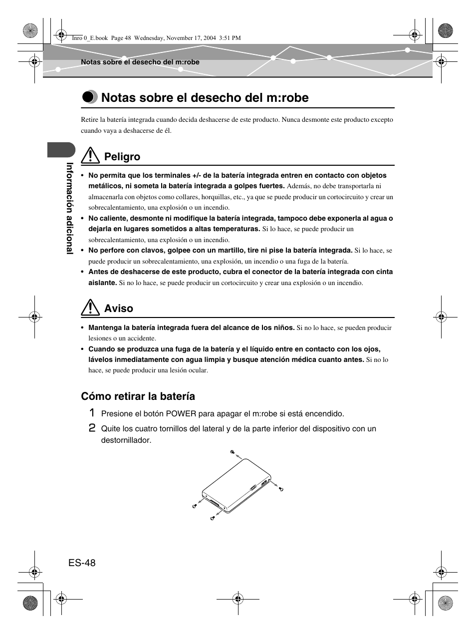 Notas sobre el desecho del m:robe, Peligro, Aviso | Cómo retirar la batería 1 | Olympus mrobe 100 User Manual | Page 164 / 180