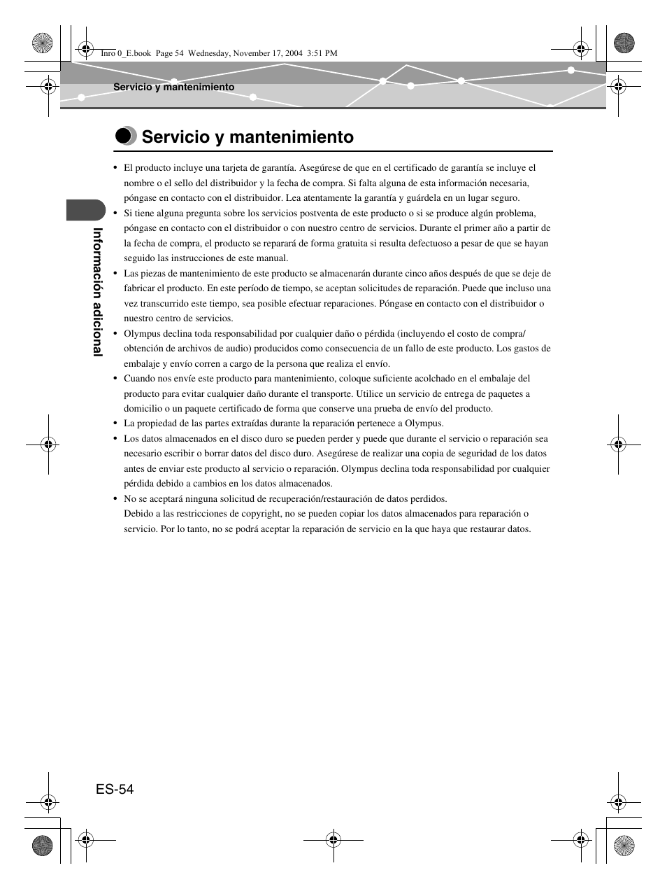 Servicio y mantenimiento, Es-54 | Olympus mrobe 100 User Manual | Page 170 / 180