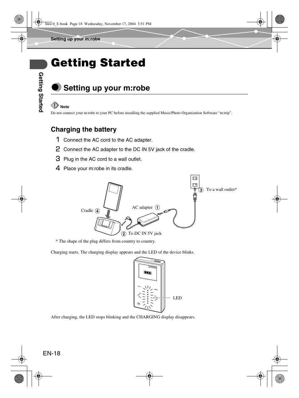 Getting started, Setting up your m:robe, Charging the battery 1 | En-18 | Olympus mrobe 100 User Manual | Page 18 / 180