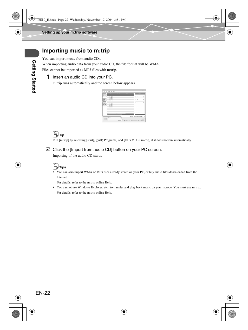 Importing music to m:trip, En-22 | Olympus mrobe 100 User Manual | Page 22 / 180