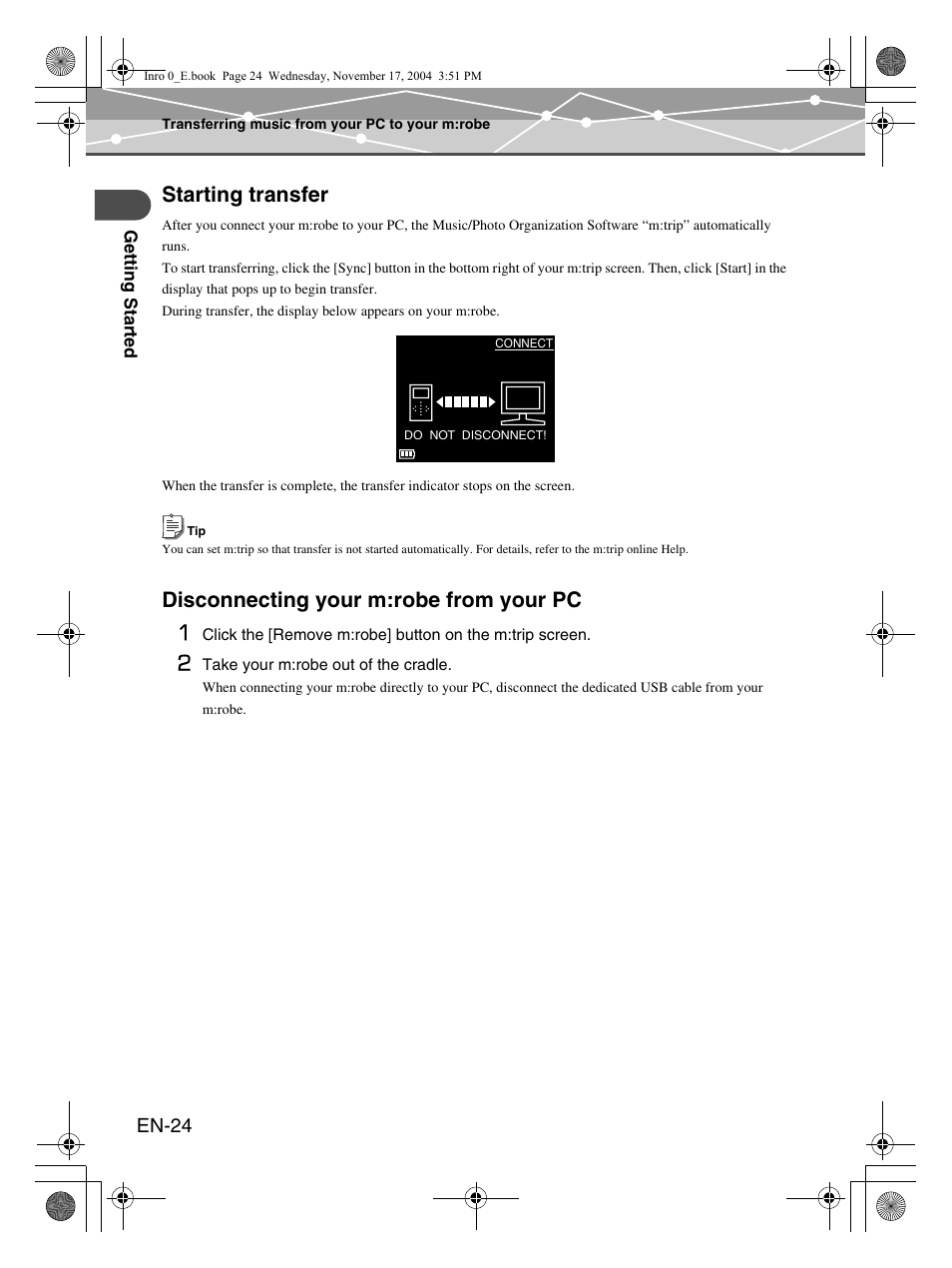 Starting transfer, Disconnecting your m:robe from your pc 1 | Olympus mrobe 100 User Manual | Page 24 / 180