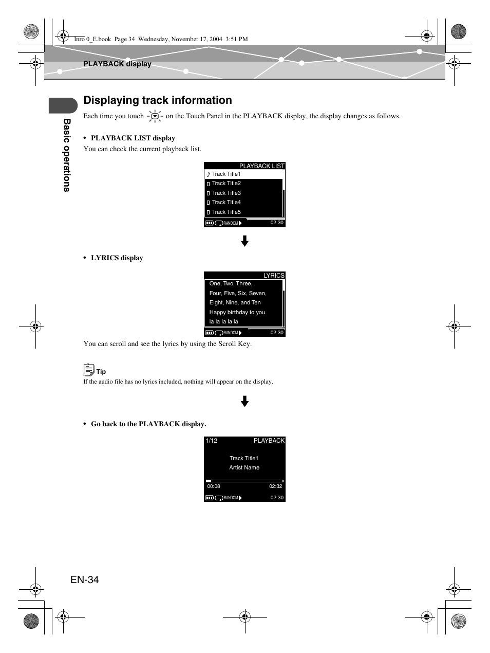Displaying track information, En-34, Bas ic oper a tion s | Olympus mrobe 100 User Manual | Page 34 / 180
