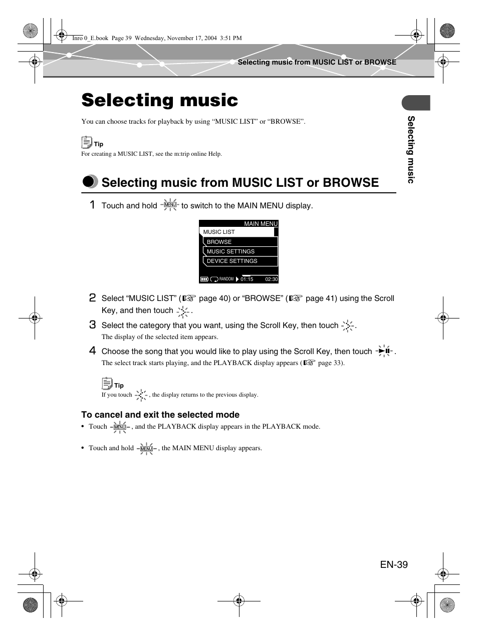 Selecting music, Selecting music from music list or browse, En-39 | Olympus mrobe 100 User Manual | Page 39 / 180