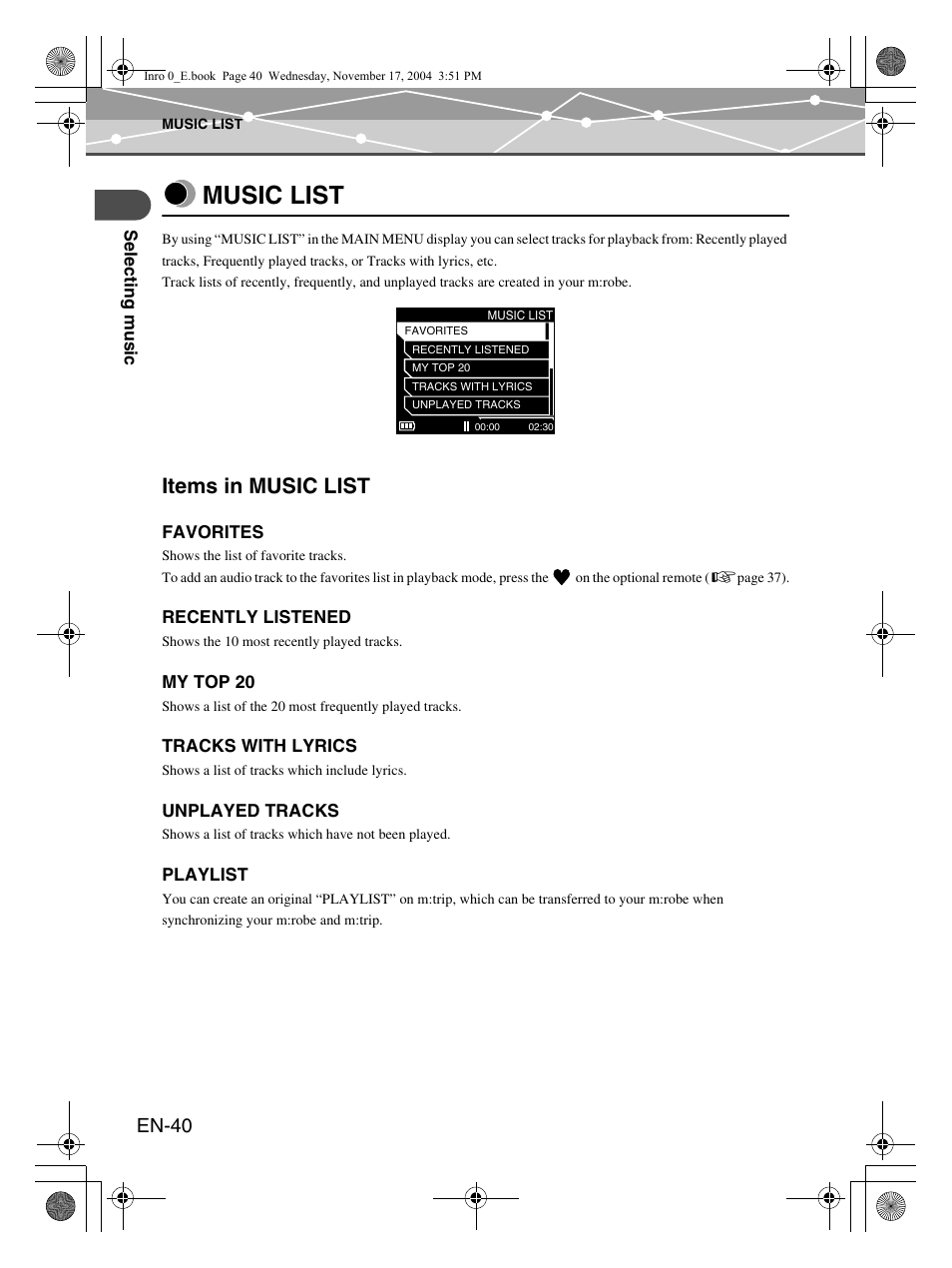 Music list, Items in music list, En-40 | Olympus mrobe 100 User Manual | Page 40 / 180