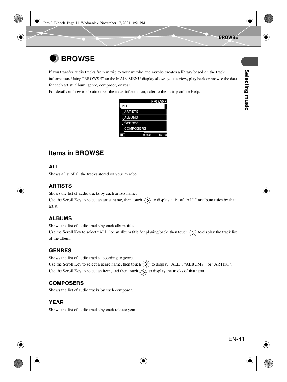 Browse, Items in browse, En-41 | Olympus mrobe 100 User Manual | Page 41 / 180