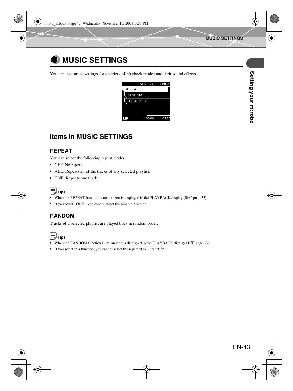 Music settings, Items in music settings, En-43 | Olympus mrobe 100 User Manual | Page 43 / 180