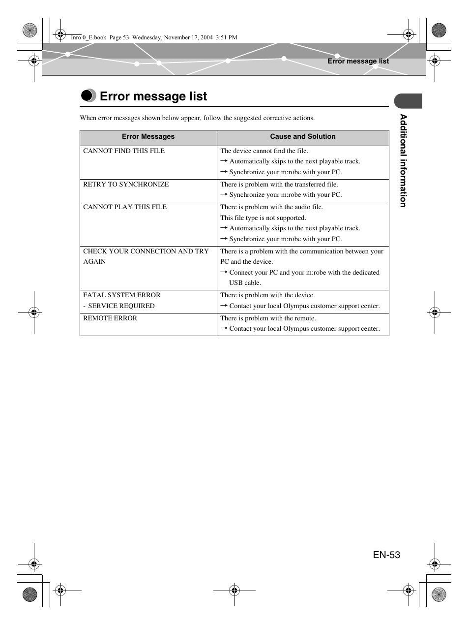 Error message list, En-53 | Olympus mrobe 100 User Manual | Page 53 / 180