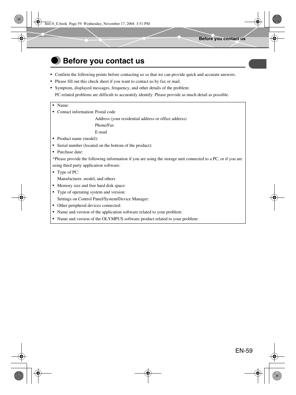 Before you contact us, En-59 | Olympus mrobe 100 User Manual | Page 59 / 180