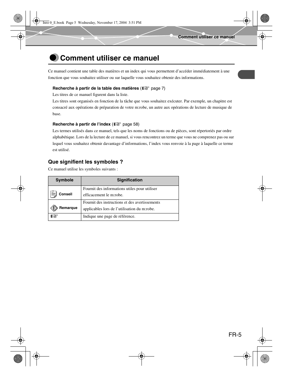 Comment utiliser ce manuel, Fr-5 | Olympus mrobe 100 User Manual | Page 63 / 180