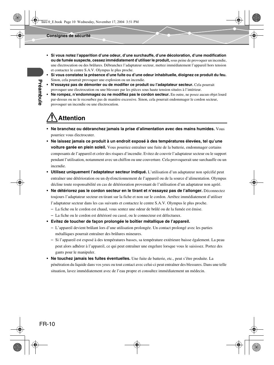 Attention, Fr-10 | Olympus mrobe 100 User Manual | Page 68 / 180