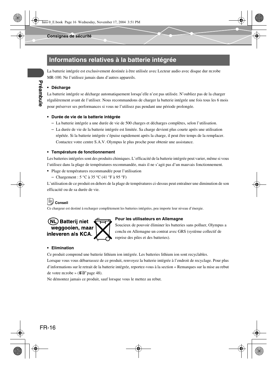 Informations relatives à la batterie intégrée, Fr-16 | Olympus mrobe 100 User Manual | Page 74 / 180