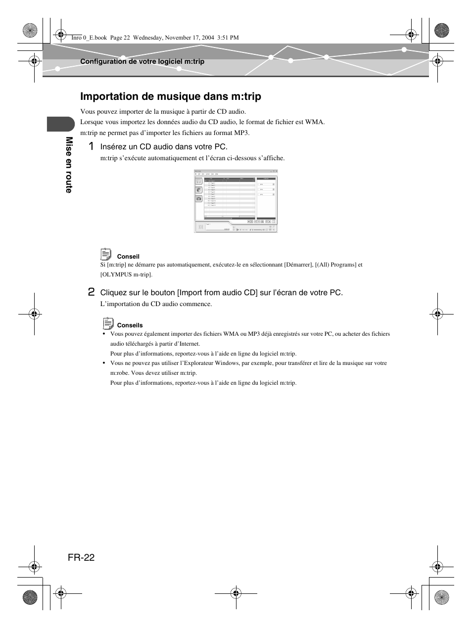 Importation de musique dans m:trip, Fr-22 | Olympus mrobe 100 User Manual | Page 80 / 180
