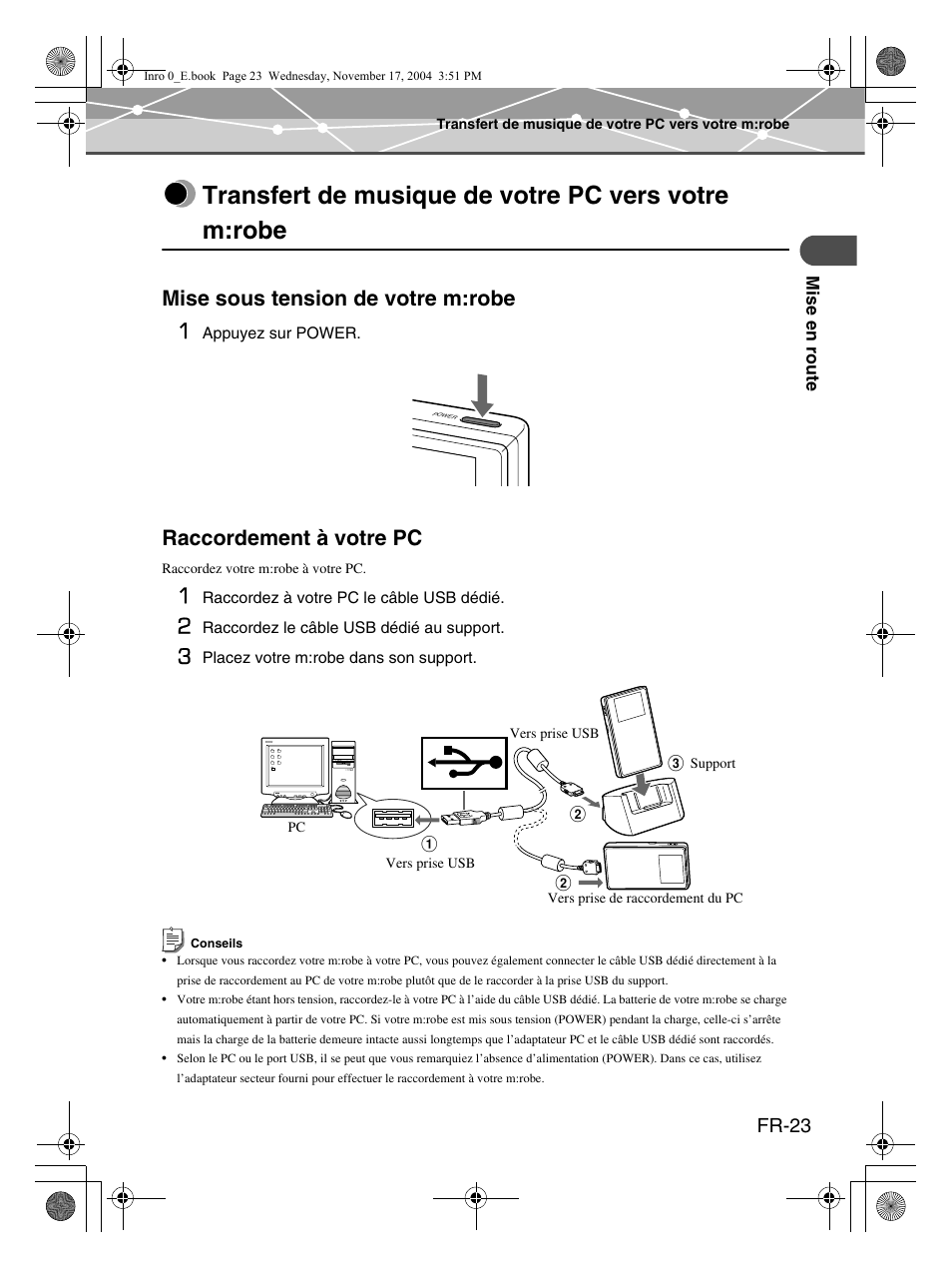 Transfert de musique de votre pc vers votre m:robe, Mise sous tension de votre m:robe 1, Raccordement à votre pc | Fr-23 | Olympus mrobe 100 User Manual | Page 81 / 180