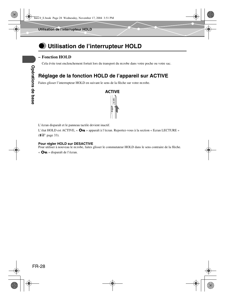 Utilisation de l’interrupteur hold, Fr-28, Active | Olympus mrobe 100 User Manual | Page 86 / 180