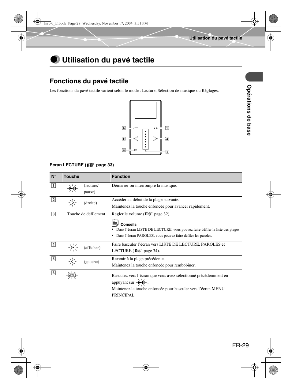 Utilisation du pavé tactile, Fonctions du pavé tactile, Fr-29 | Olympus mrobe 100 User Manual | Page 87 / 180