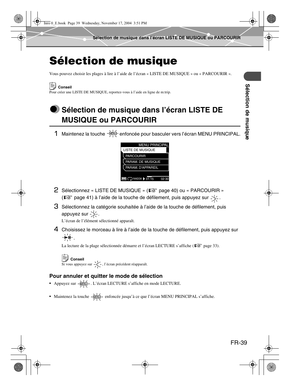 Sélection de musique, Fr-39 | Olympus mrobe 100 User Manual | Page 97 / 180