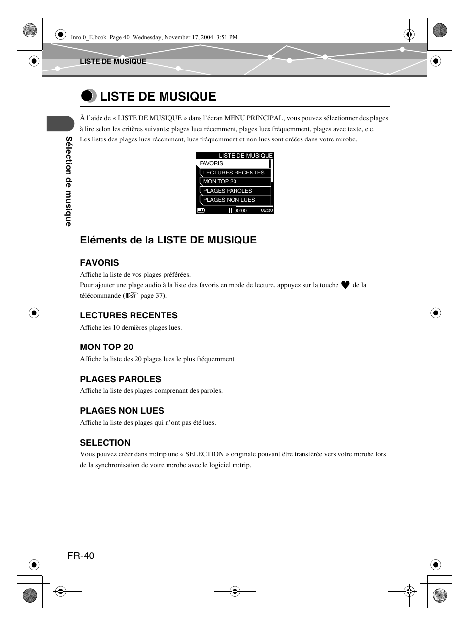 Liste de musique, Eléments de la liste de musique, Fr-40 | Olympus mrobe 100 User Manual | Page 98 / 180