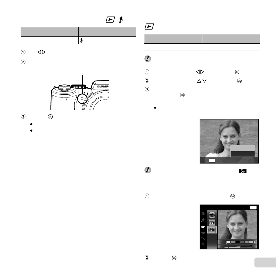 33 en, Adding sound to still images, Adding sound to still images q q [ [ r r | Retouching faces on still images | Olympus SP-820UZ iHS User Manual | Page 33 / 76