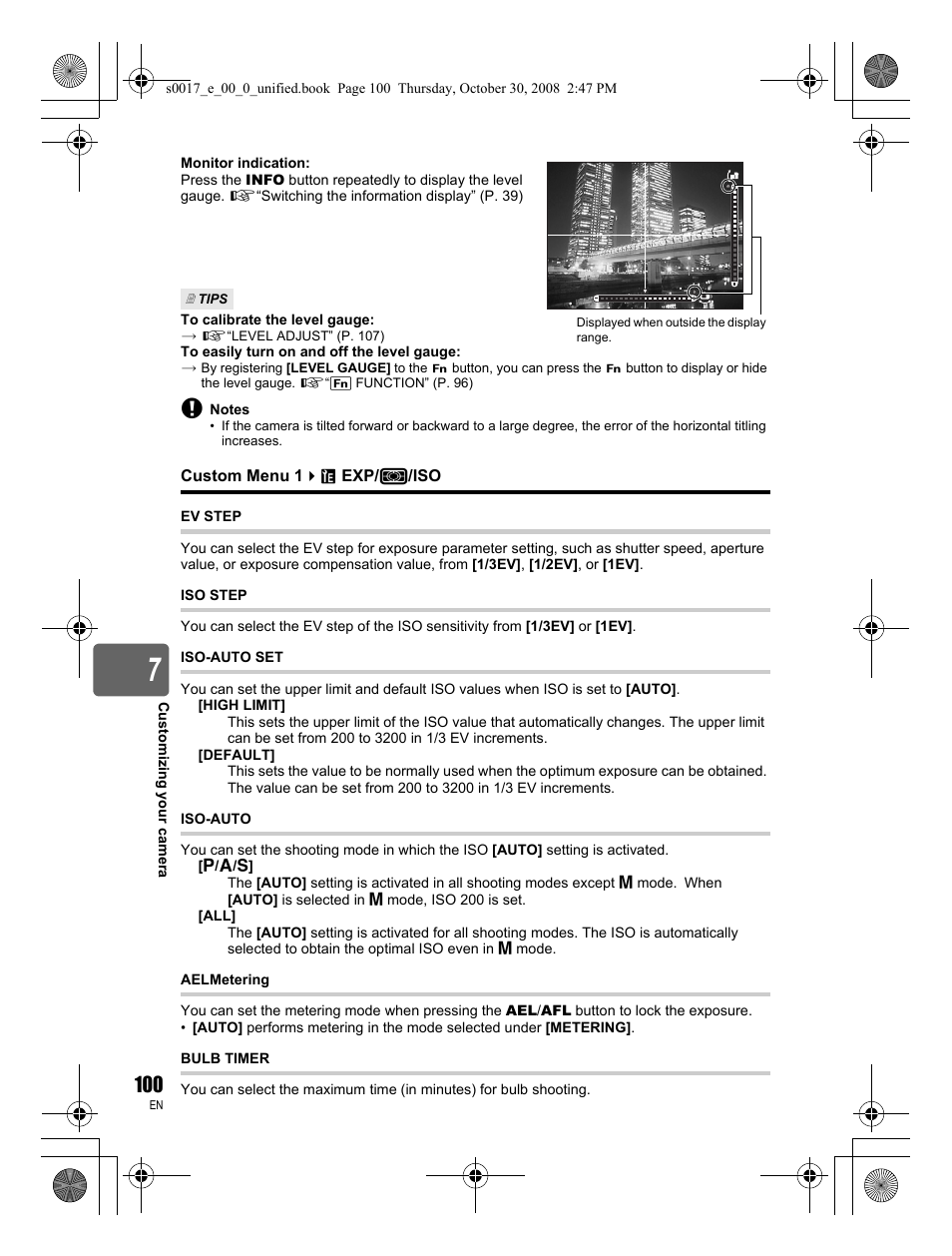 Exp/metering/iso, Ev step, Iso step | Iso-auto set, Iso-auto, Aelmetering, Bulb timer | Olympus E-30 User Manual | Page 100 / 156