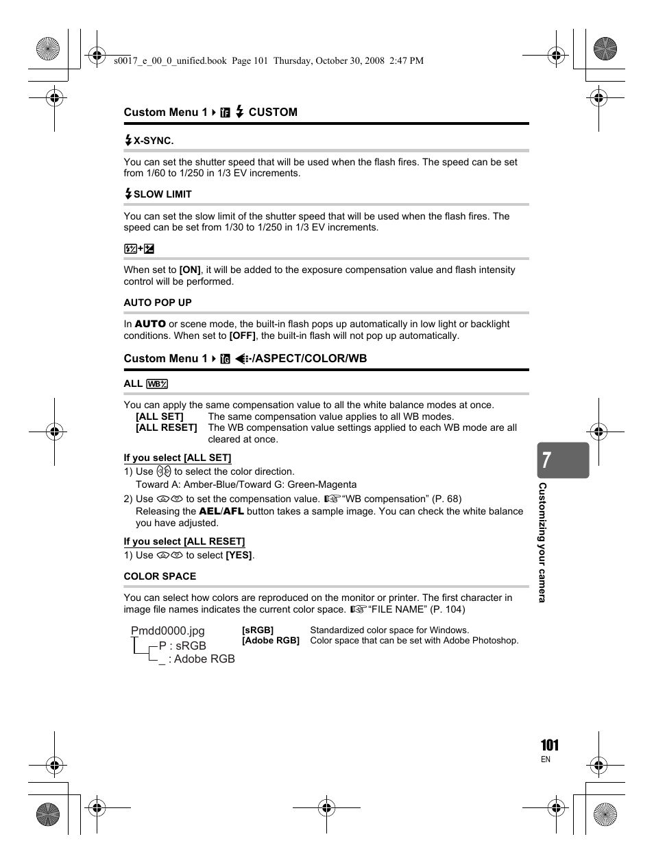 Custom, X-sync, Slow limit | Auto pop up, Aspect/color/wb, Color space | Olympus E-30 User Manual | Page 101 / 156