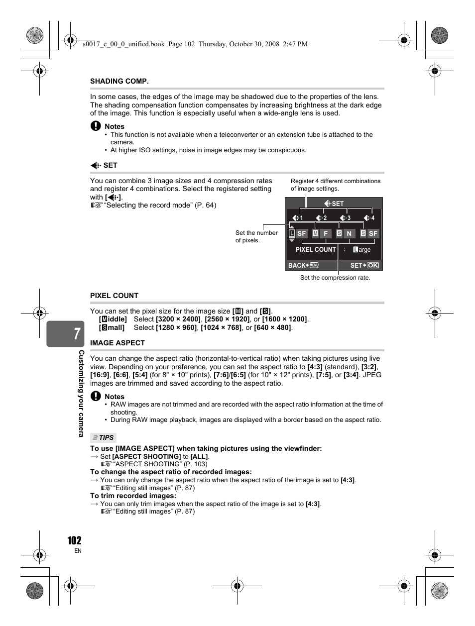 Shading comp, Pixel count, Image aspect | Olympus E-30 User Manual | Page 102 / 156