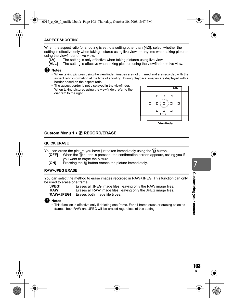 Aspect shooting, Record/erase, Quick erase | Raw+jpeg erase | Olympus E-30 User Manual | Page 103 / 156