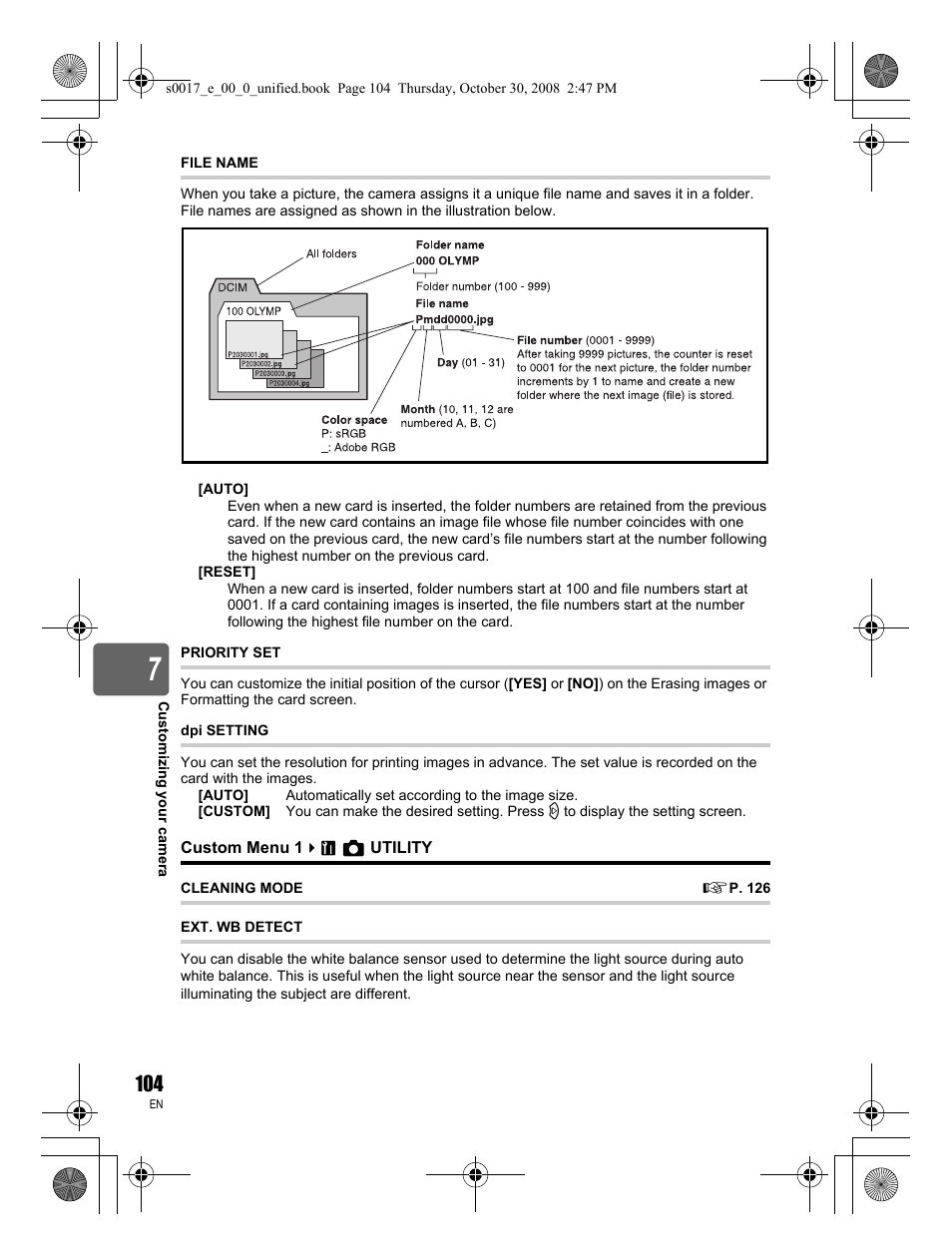 File name, Priority set, Dpi setting | Utility, Cleaning mode, Ext. wb detect | Olympus E-30 User Manual | Page 104 / 156