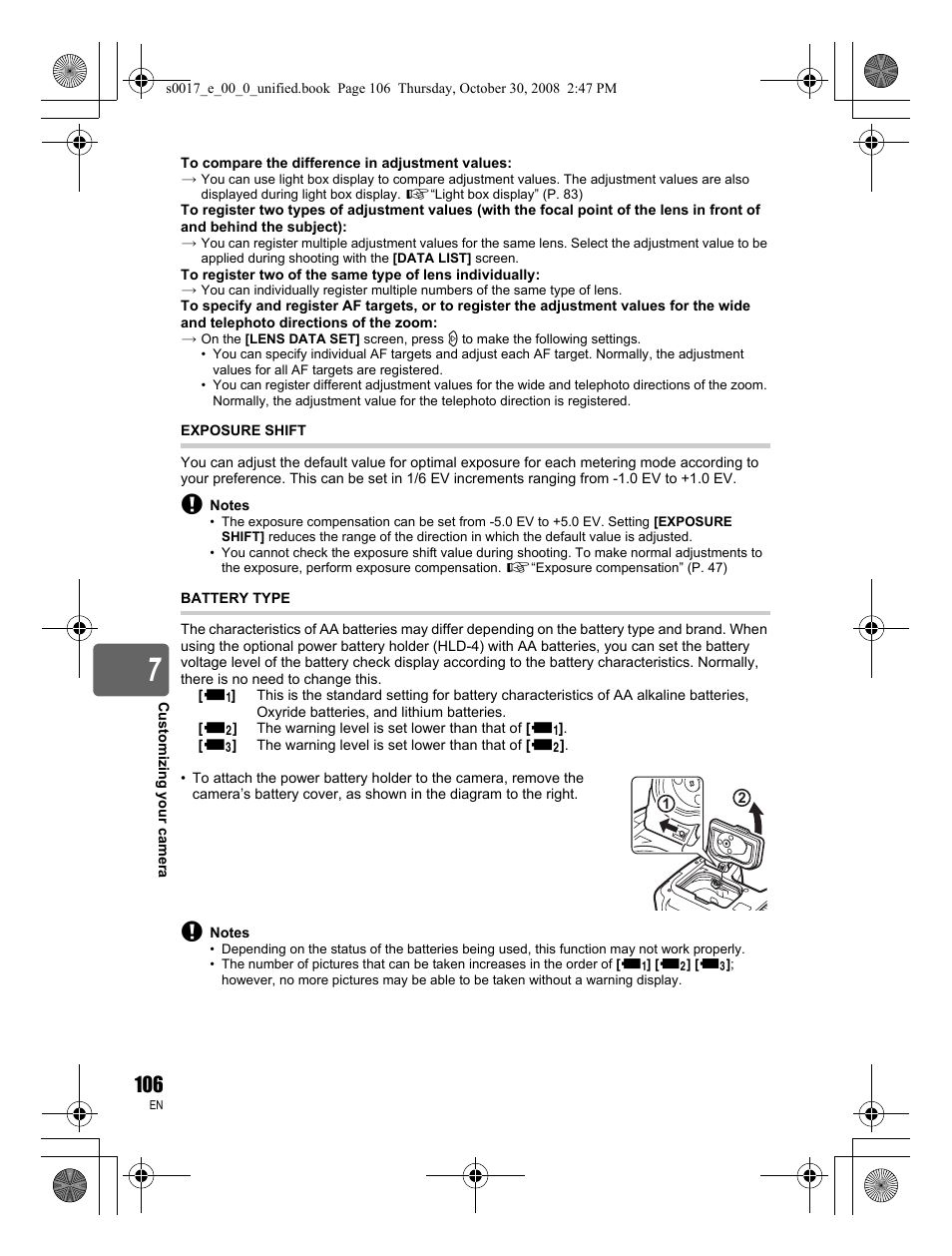 Exposure shift, Battery type | Olympus E-30 User Manual | Page 106 / 156