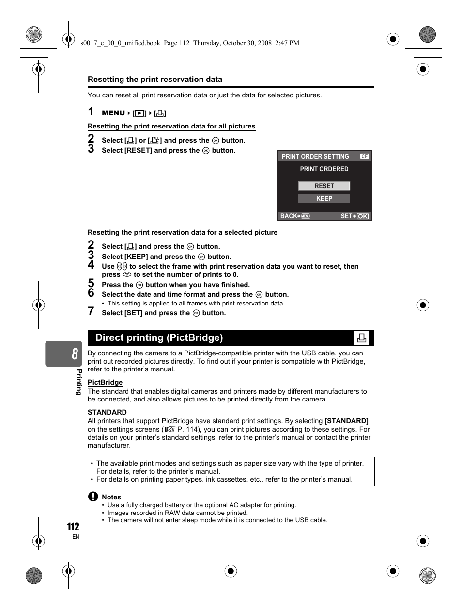 Resetting the print reservation data, Direct printing (pictbridge) | Olympus E-30 User Manual | Page 112 / 156