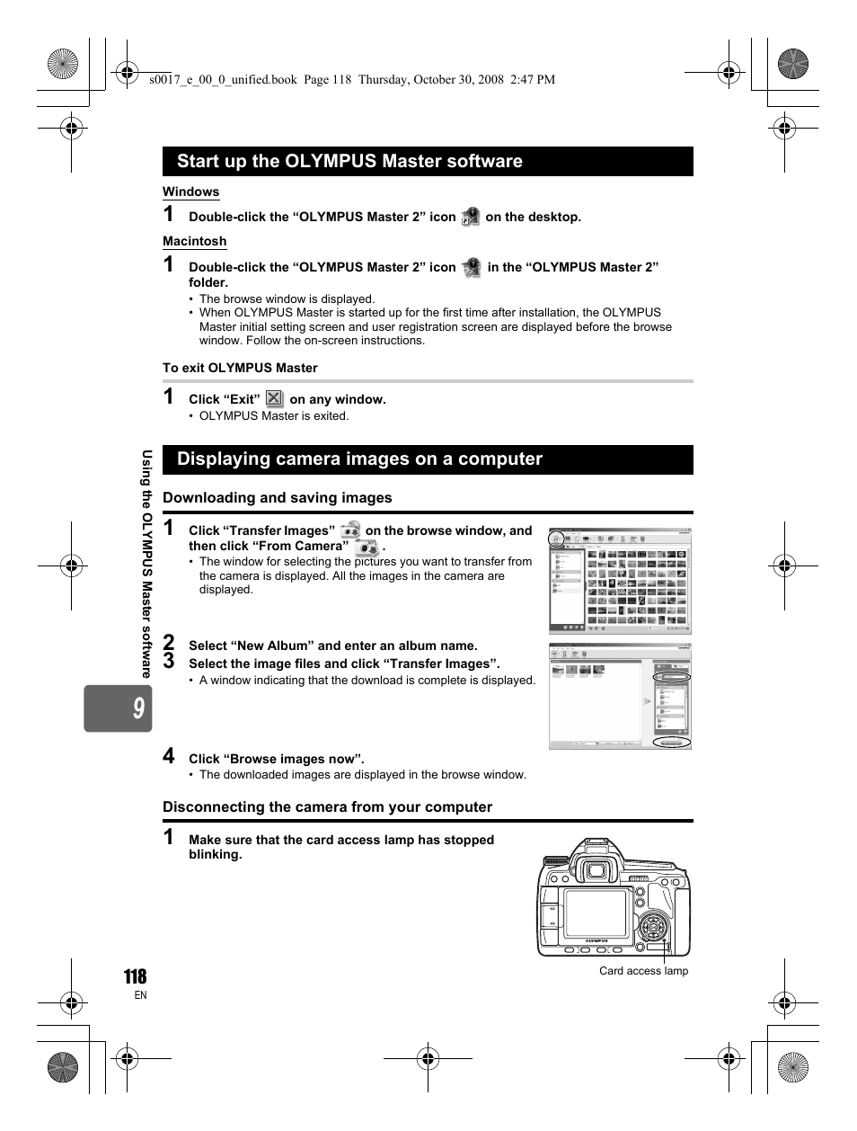 Start up the olympus master software, Displaying camera images on a computer, Downloading and saving images | Disconnecting the camera from your computer | Olympus E-30 User Manual | Page 118 / 156
