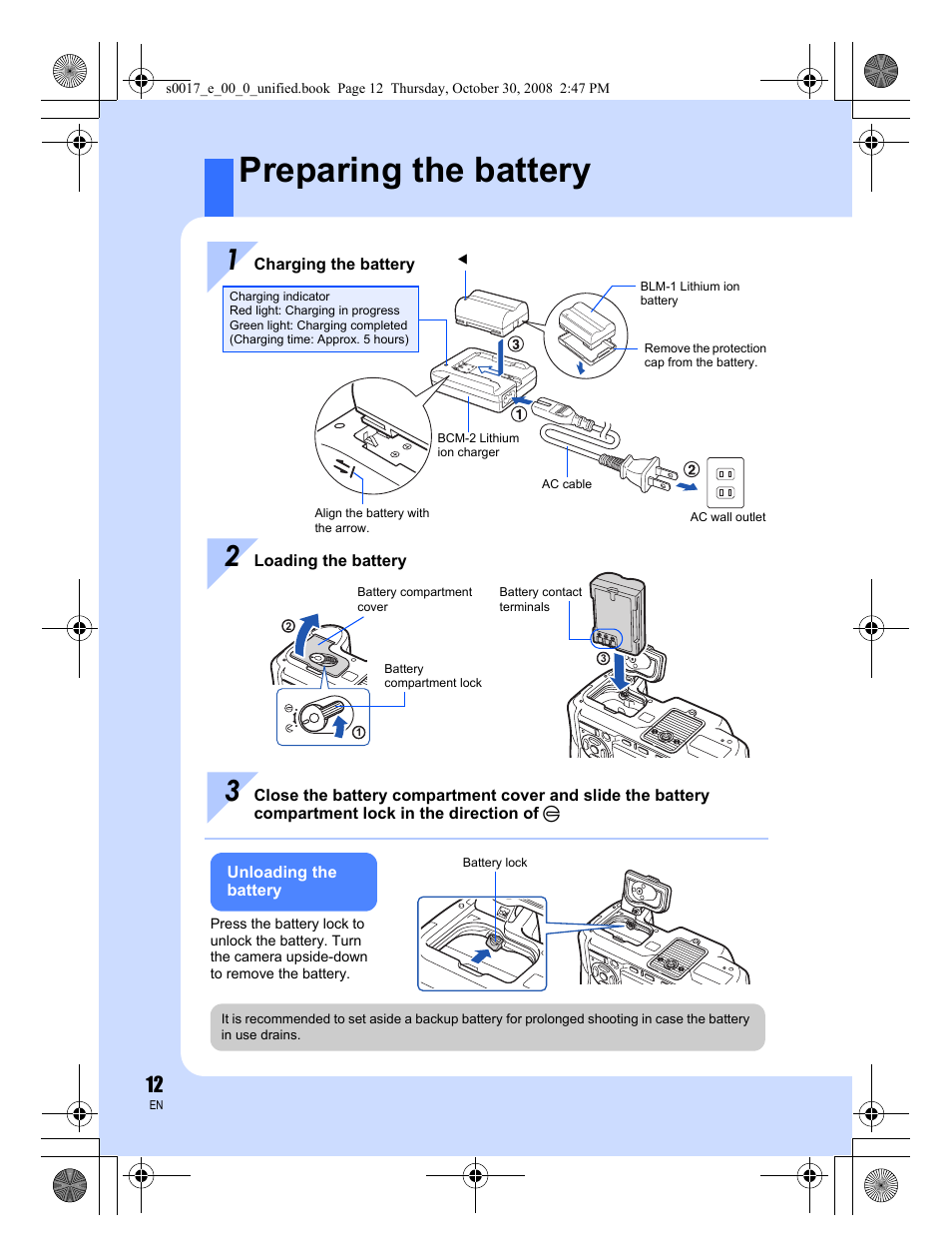 Preparing the battery | Olympus E-30 User Manual | Page 12 / 156