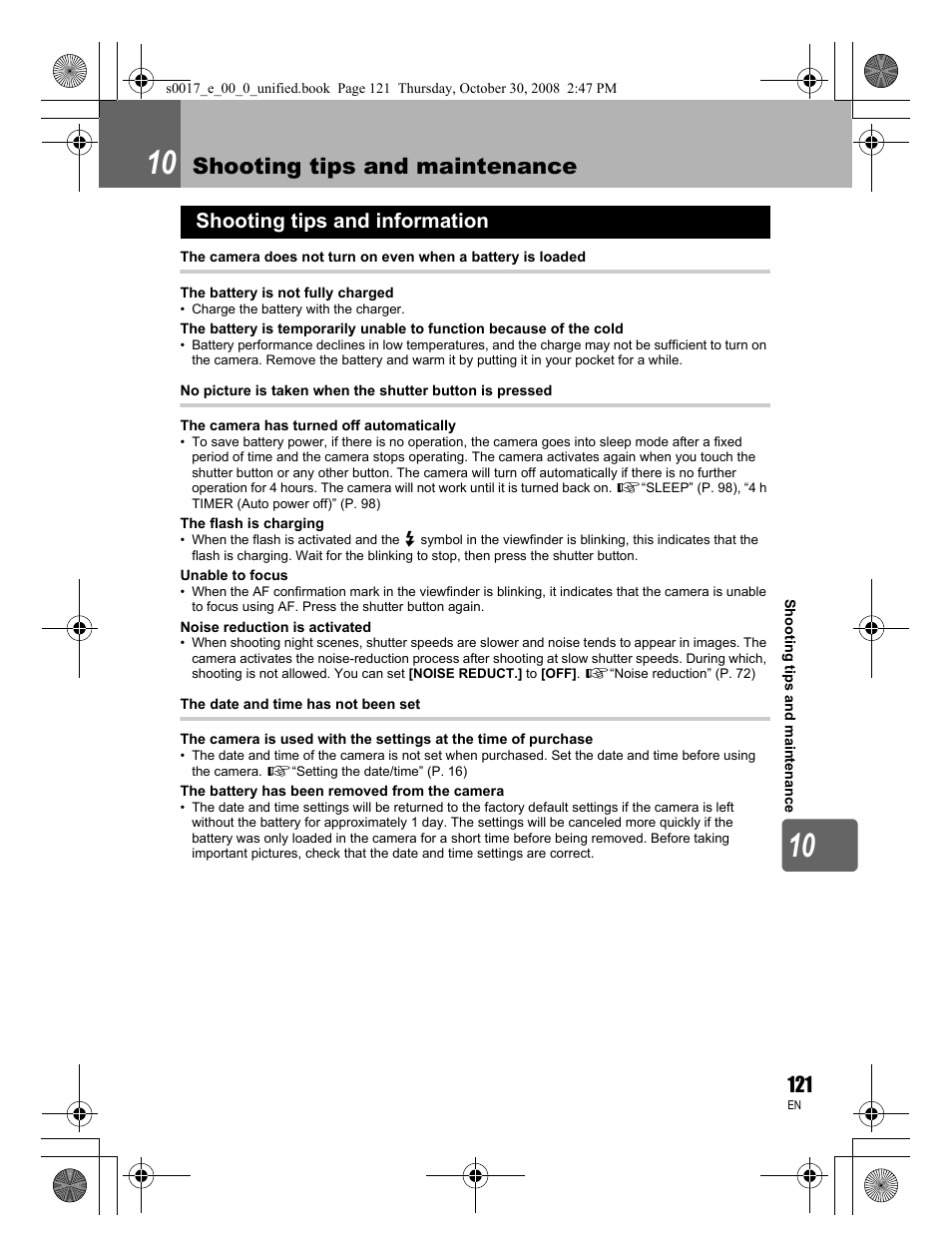 10 shooting tips and maintenance, Shooting tips and information, Shooting tips and maintenance | Olympus E-30 User Manual | Page 121 / 156