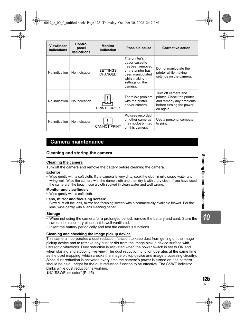 Camera maintenance, Cleaning and storing the camera | Olympus E-30 User Manual | Page 125 / 156