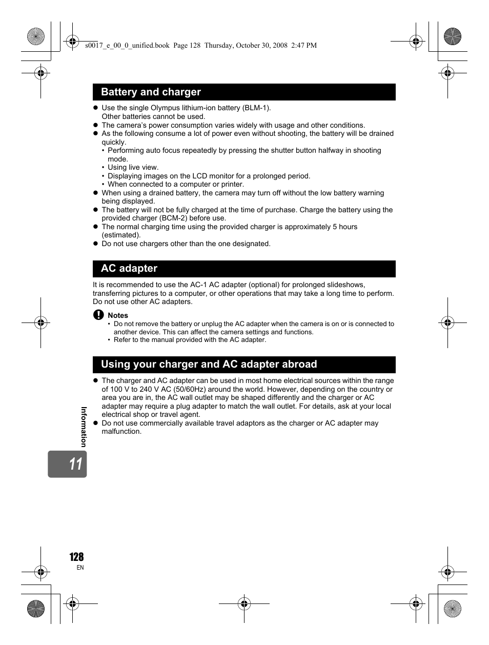 Battery and charger, Ac adapter, Using your charger and ac adapter abroad | Olympus E-30 User Manual | Page 128 / 156