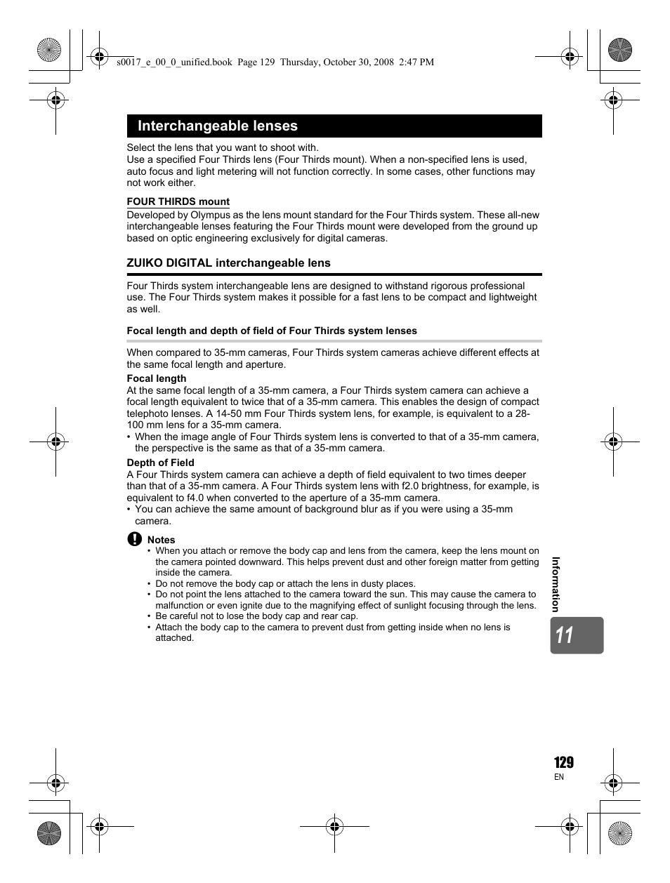 Interchangeable lenses, Zuiko digital interchangeable lens | Olympus E-30 User Manual | Page 129 / 156