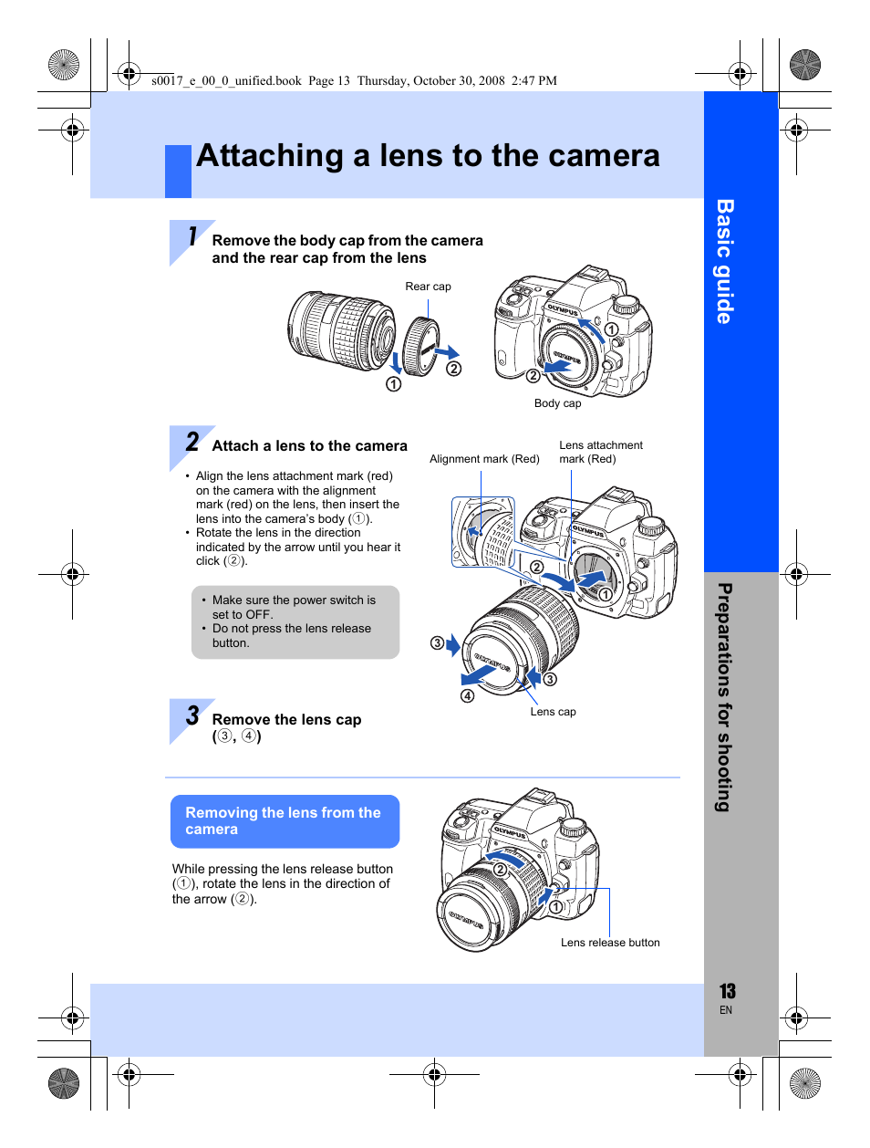 Attaching a lens to the camera, Basic guide, Preparat ions for shooting | Olympus E-30 User Manual | Page 13 / 156