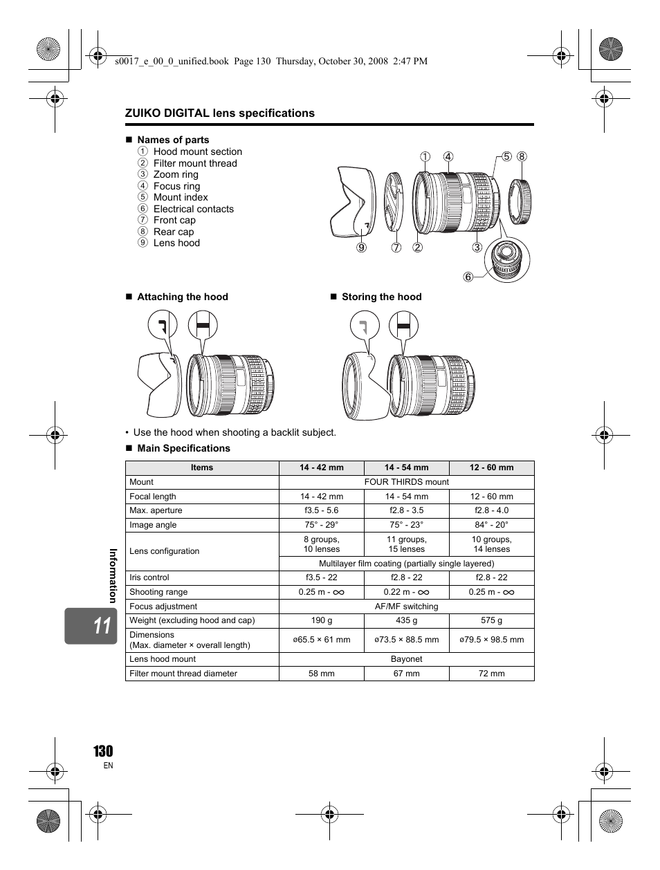 Zuiko digital lens specifications | Olympus E-30 User Manual | Page 130 / 156