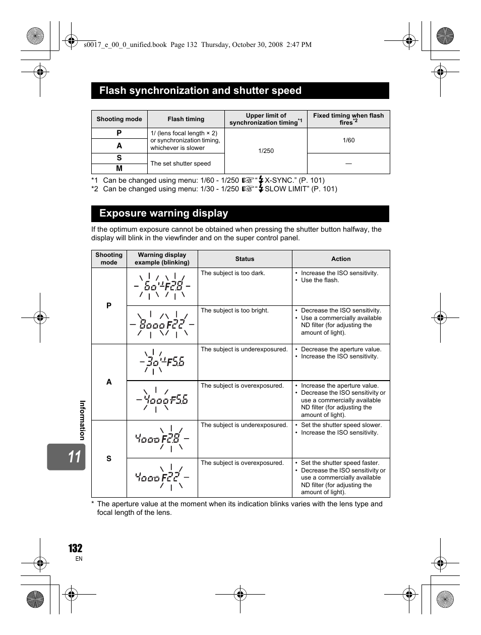 Flash synchronization and shutter speed, Exposure warning display | Olympus E-30 User Manual | Page 132 / 156