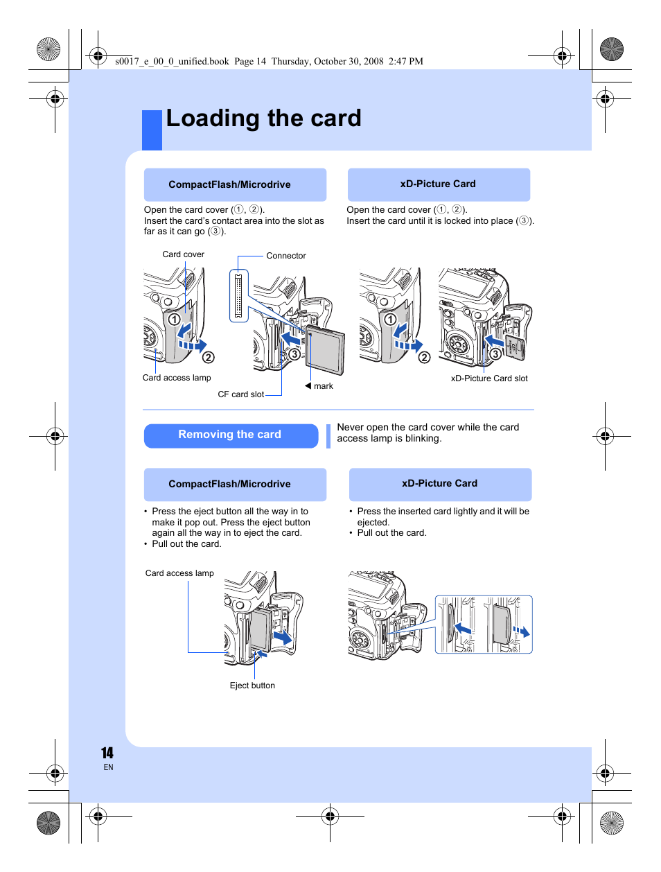 Loading the card | Olympus E-30 User Manual | Page 14 / 156