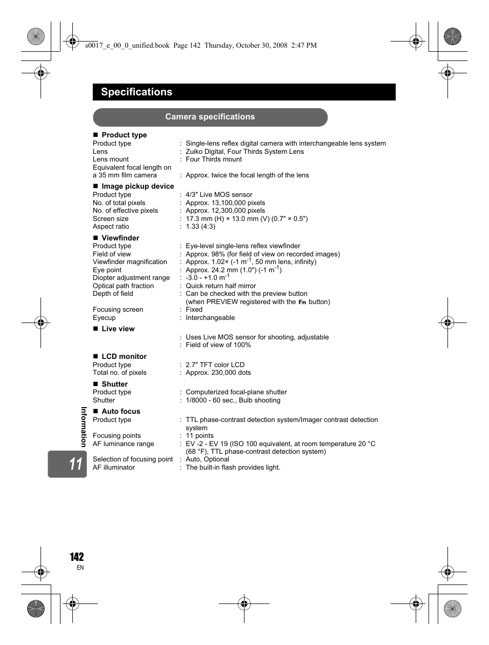 Specifications | Olympus E-30 User Manual | Page 142 / 156