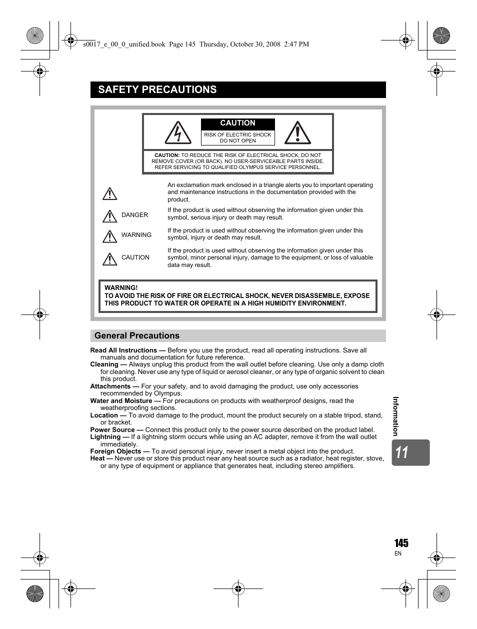 Safety precautions, General precautions | Olympus E-30 User Manual | Page 145 / 156